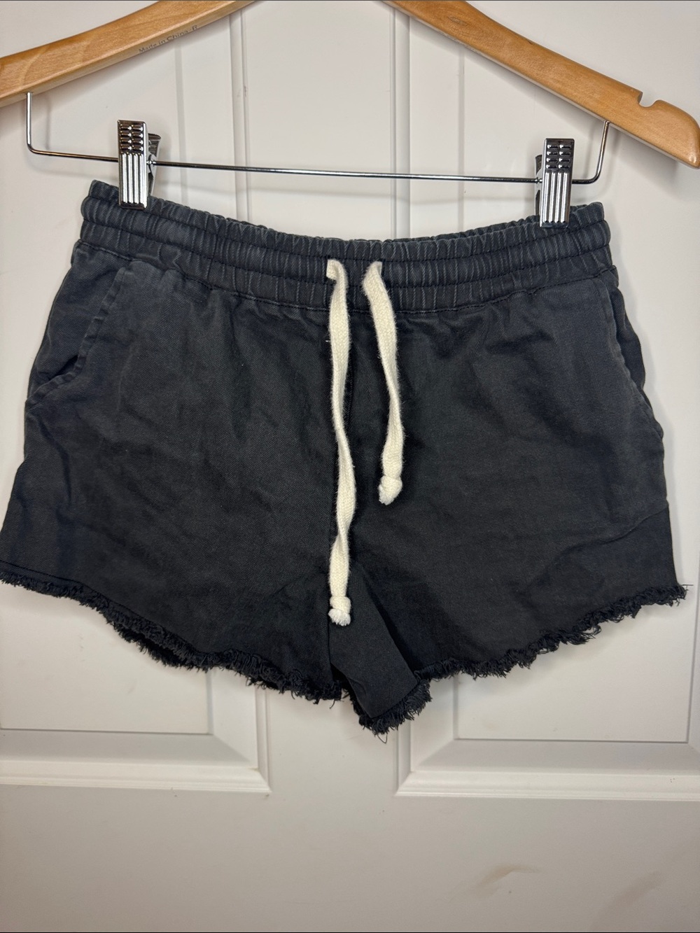 Double Zero Black Frayed Hem Athletic Shorts with Contrast Drawstring